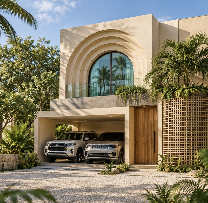 Render de la fachada de LOS ARCOS COSÓN con su arco escalonado y vegetación tropical