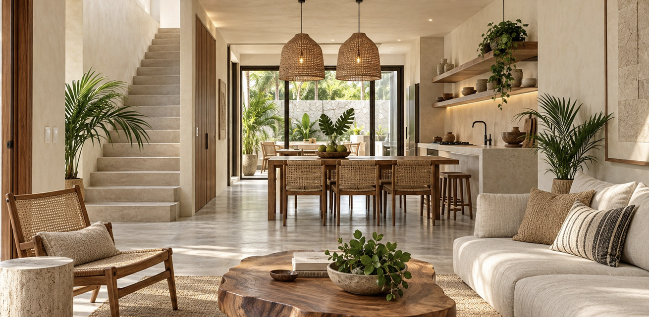 Interior de la villa: sala y comedor con materiales naturales